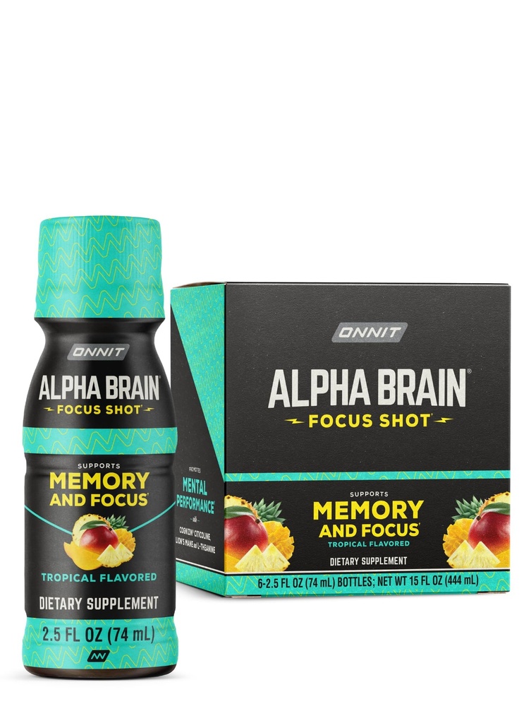 ONNIT Alpha Brain Focus Shot, Tropical Flavor, Nootropic Dietary Supplement Drink που υποστηρίζει την ενέργεια, Focus, και Mood, IGENTM Non-GMO Tested, 2.5 fl oz, 6 Count