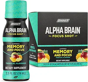 ONNIT Alpha Brain Focus Shot, Tropical Flavor, Nootropic Dietary Supplement Drink που υποστηρίζει την ενέργεια, Focus, και Mood, IGENTM Non-GMO Tested, 2.5 fl oz, 6 Count