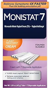 Monistat 7-Day Yeast Infection Treatment for Women, Miconazole Cream (45g Tube) & 7 Applicators, for Relief of Mild Vaginal Itching