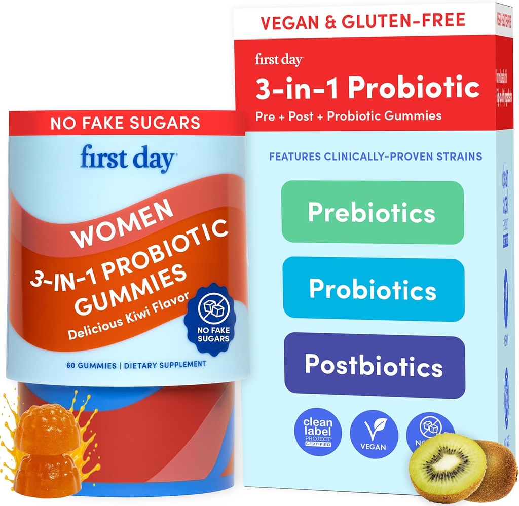 ΠΡΩΤΗ ΗΜΕΡΑ Γυναικεία 3-σε-1 Προβιοτικά Gummies – Προβιοτικά + Προβιοτικά + Συμπληρώματα Μεταβιοτικών – Υποστηρίζει Digestive & Στοματική Υγεία, Ανοσοποιητική Λειτουργία & Ενεργειακά Επίπεδα – 30-Ημέρες Προσφορά