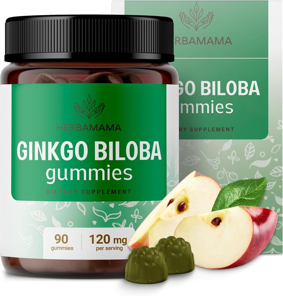 HERBAMAMA Ginkgo Biloba Gummies - 120mg Ginkgo Biloba Herb for Brain Support - Vegan, Μη-GMO Brain Focus & Clarity συμπλήρωμα - 90 Pectin-based Apple-Flavored Chews