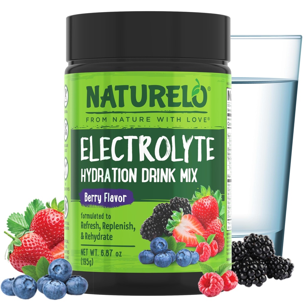 NATURELO Ηλεκτρολύτης σε σκόνη, ενυδάτωση και ορυκτό ποτό Μίγμα, ζάχαρη χωρίς & μη GMO άρωμα μούρου 50 εξυπηρετεί
