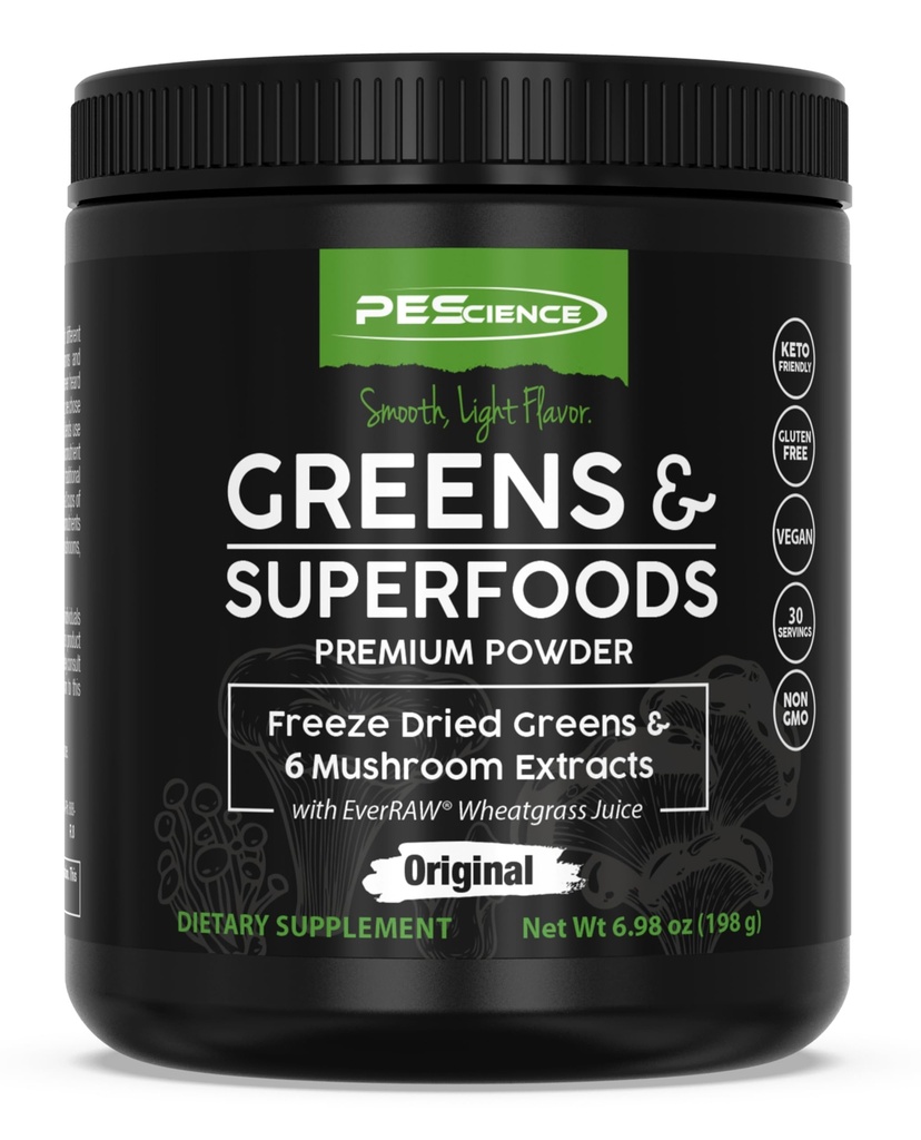 PEScience Greens σκόνη Superfood με φυσική χλωροφύλλη, Reishi & Turkey Mushroom Powders, Freezy-Dried Kale, Σπανάκι, Broccoli Spruts, Original Γεύση, 30 υπηρεσίες