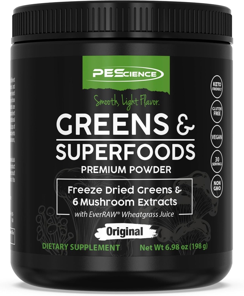 PEScience Greens Powder Superfood with Natural Chlorophyll, Reishi & Turkey Tail Mushroom Powders, Freeze-Dried Kale, Spinach, Broccoli Sprouts, Original Flavor, 30 Servings