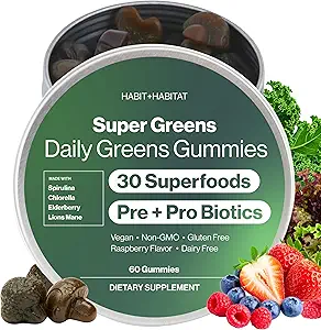 Daily Greens Plus Gummies - Superfood Blend with Chlorella, Spirulina, Beetroot, Lion’s Mane, Ashwagandha & Reishi for Energy, Stress Relief & Wellness - Raspberry Flavored - 60 Count