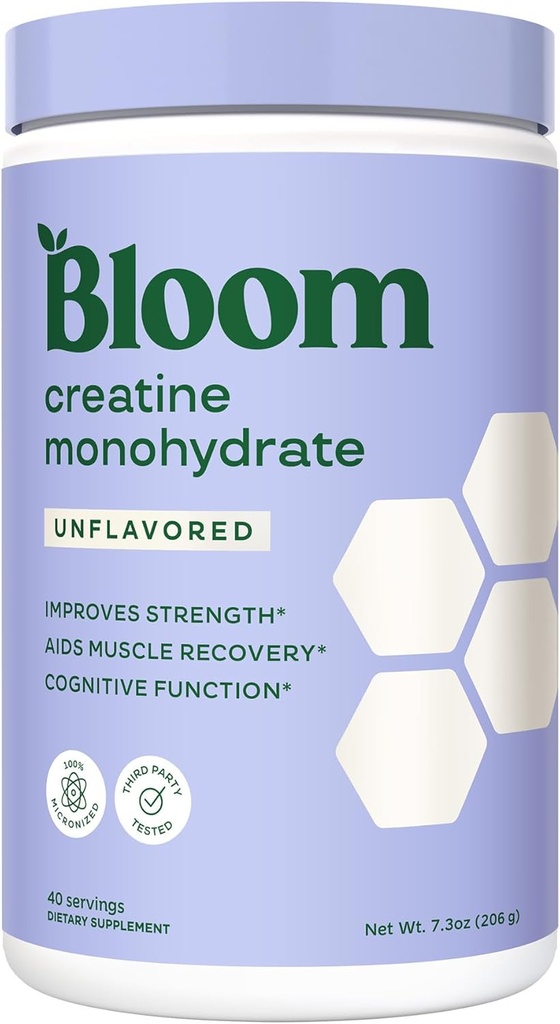 Bloom Nutrition Creatine Monohydrate Powder, 5g Micronized Creatine per Serving, Υποστηρίζει την αποκατάσταση των μυών, δύναμη, αντοχή, πριν ή μετά την προπόνηση, χωρίς γλουτένη, μη GMO, χωρίς γεύση, 40 SVG, 7.3 oz