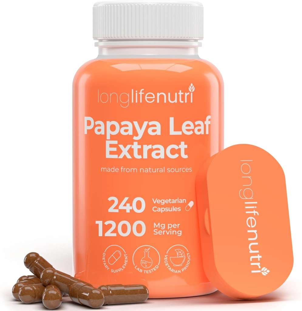 LongLifeNutri Papaya Leaf Extract Συμπλήρωμα 1.200mg ανά Σερβίρισμα - 240 κάψουλες χορτοφάγων, 4-μηνης προσφοράς, από Carica Papaya για την καθημερινή ευεξία, GMP Certified, Made in USA