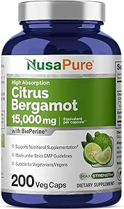 NusaPure Citrus Bergamot Capsules 15,000mg, 200 Capsules - 25:1 Bergamot Extract - 200 Servings, Bioperine, Vegan, Non-GMO