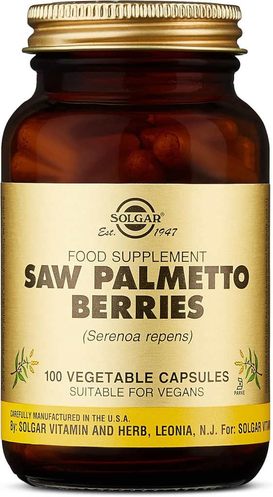 Solgar Saw Palmetto Berries, 100 κάψουλες λαχανικών - Υγεία των ανδρών - Πλήρης ισχύς - Μη ΓΤΟ, Vegan, Χωρίς γλουτένη, Χωρίς γαλακτοκομικά, Kosher - 100 εξυπηρετούν