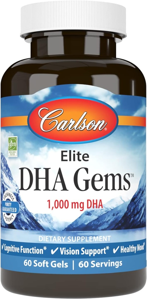 Carlson - Elite DHA Gems, 1000 mg DHA, Wild Caught, Βιώσιμα πηγάζει, εγκεφαλική λειτουργία & υγιής όραση, 60 Softgels