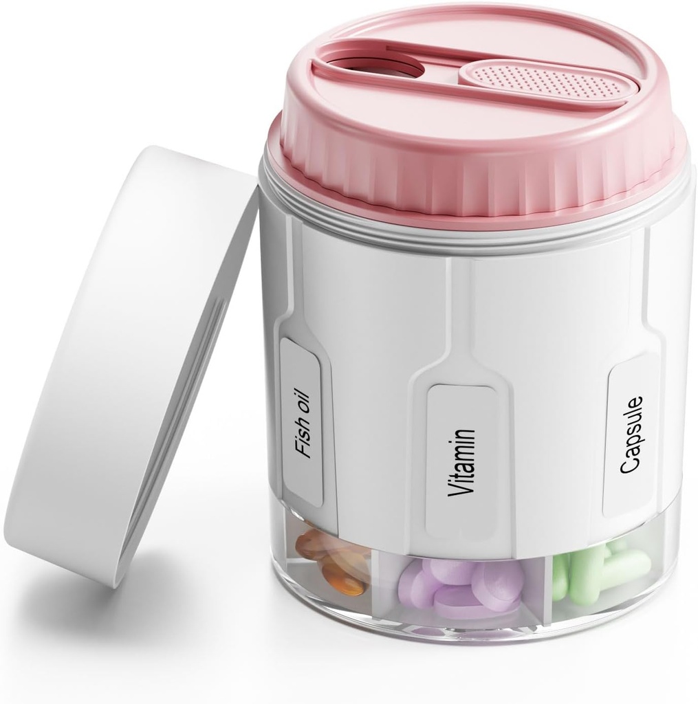 Daviky Pill Bottle Organizer, Supplement Organizer with 7 Large Compartments, Travel Pill Dipenser Round Pill Box with Two Lids (Pink)