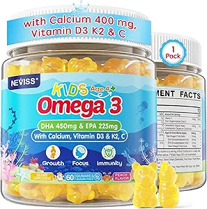 Παιδιά Ωμέγα 3 Gummies + Ασβέστιο 400mg + Βιταμίνη D3 K2 + C, Ωμέγα-3 DHA & EPA συμπλήρωμα - Δεν Ψάρια Burps, Χωρίς Ζάχαρη - Παιδιά & Έφηβοι Omḛga 3 + Πολυβιταμίνη Gummy για Ισχυρά οστά, εγκέφαλο, ανοσοποιητικό, μάτι, 60Cts