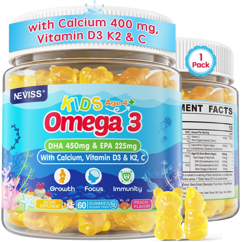 Παιδιά Ωμέγα 3 Gummies + Ασβέστιο 400mg + Βιταμίνη D3 K2 + C, Ωμέγα-3 DHA & EPA συμπλήρωμα - Δεν Ψάρια Burps, Χωρίς Ζάχαρη - Παιδιά & Έφηβοι Omḛga 3 + Πολυβιταμίνη Gummy για Ισχυρά οστά, εγκέφαλο, ανοσοποιητικό, μάτι, 60Cts