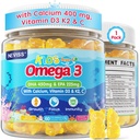 Kids Omega 3 Gummies + Calcium 400mg + Vitamin D3 K2 + C, Omega-3 DHA & EPA Supplement - No Fish Burps, No Sugar - Kids & Teens Omega 3 + Multivitamin Gummy for Strong Bones, Brain, Immune, Eye, 60Cts