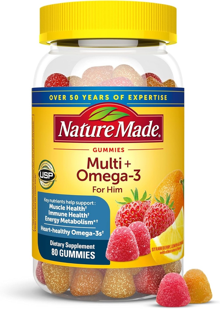 Φύση Mens Multivitamin Gummies με Omega-3, Mens Gummy Multivitamins για καθημερινή διατροφική υποστήριξη, 80 Gummy Βιταμίνες και Ορυκτά, 40 ημέρες προσφοράς