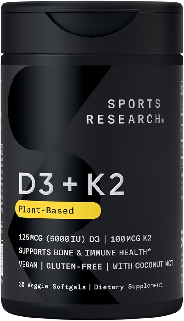 Sports Research Vegan Vitamin D3 + K2 Supplement with Organic Coconut Oil - 5000iu Vitamin D with 100mcg Mk7 Vitamin K - Supports Calcium for Stronger Bones & Immune Health - 30 Softgels for Adults