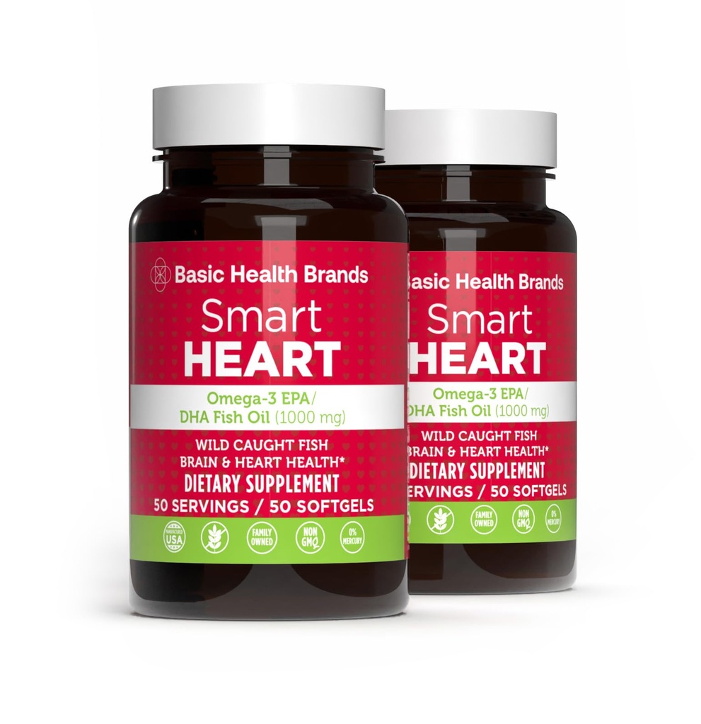 Βασικές μάρκες Smart Heart Omega-3 Fish Oil 1000mg - Τριπλή δύναμη EPA & DHA, μη GMO, καρδιά & Γνωστική υποστήριξη - 50 Burpless Softgels - 2-Pack