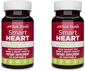 Βασικές μάρκες Smart Heart Omega-3 Fish Oil 1000mg - Τριπλή δύναμη EPA & DHA, μη GMO, καρδιά & Γνωστική υποστήριξη - 50 Burpless Softgels - 2-Pack