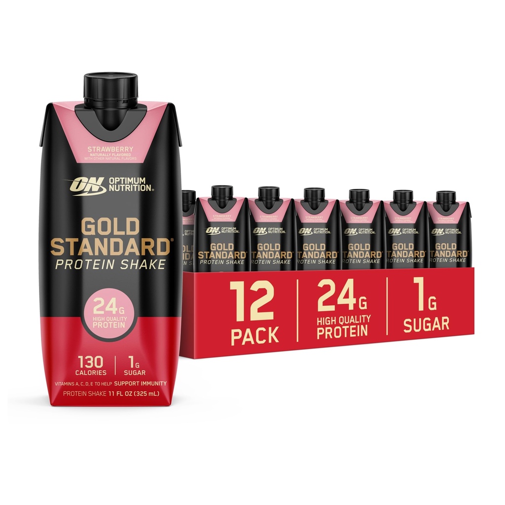 Βέλτιστη διατροφή Gold Standard Protein Shake, 24g πρωτεΐνη, έτοιμο για πόσιμο πρωτεϊνούχα ποτά, Φράουλα, 11 Fl Oz, 12 Count (πακέτο του 1) (Packing May Vary)