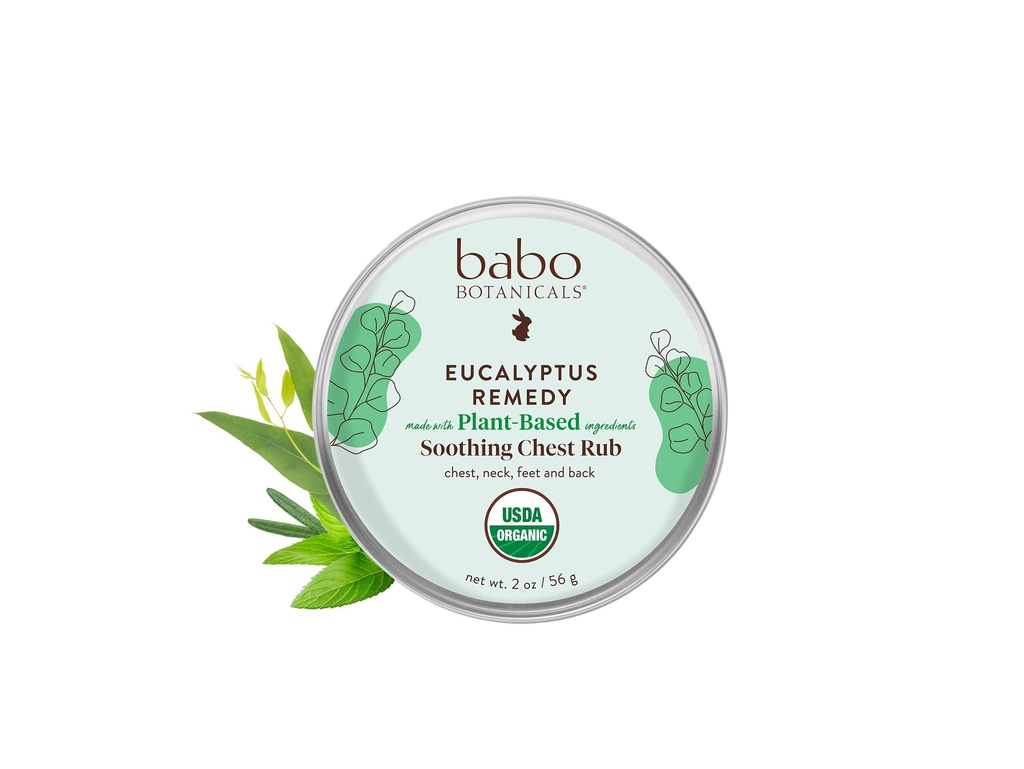 Babo Botanicals Ευκαλύπτου Remedy Soothing Chest Rub - USDA Organic - Χαλαρωτικό ανάγλυφο με αιθέρια έλαια ευκαλύπτου, λεβάντας & δενδρολίβανου - Κατασκευασμένο χωρίς Camphor ή Πετρέλαιο - Για ηλικίες 3+
