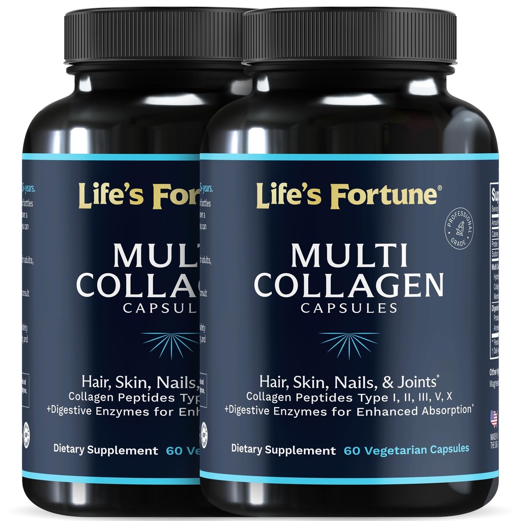 Multi Collagen Peptides Types I, II, III, V & X Hydrolyzed Protein Capsles – Grass-Fed, Blend with Digestive Enzyme – for Skin, Hair, Nails, Joints & Gut Health, Unflavored (60 Count (Pack of 2))