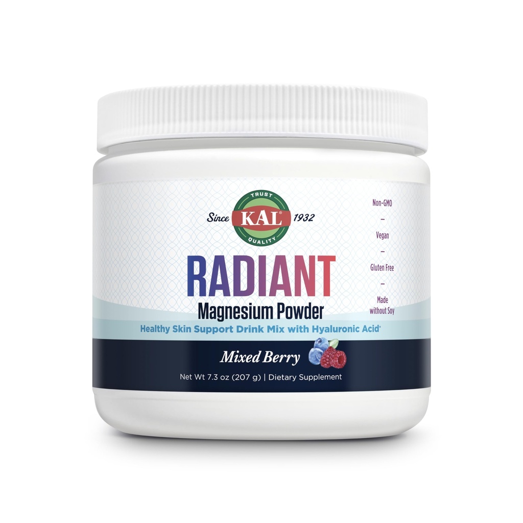 KAL Radiant Μαγνήσιο σε σκόνη, μεικτό άρωμα μούρου, Υαλουρονικό οξύ και συμπλήρωμα μαγνησίου, Δερμάτινη & Αντιοξειδωτική υποστήριξη, Χωρίς ζάχαρη, 60 μερίδες, 7.3 OZ