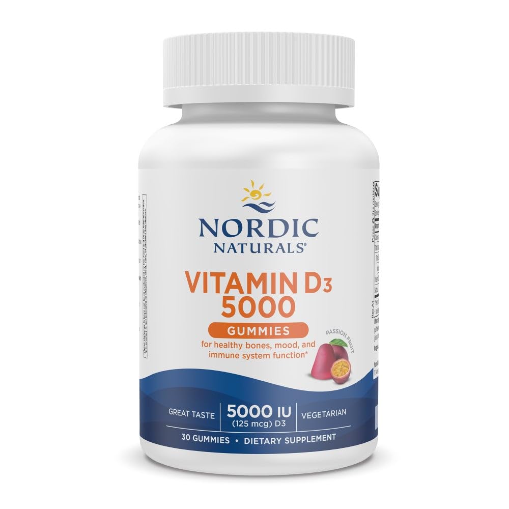 Nordic Naturals Vitamin D3 5000 Gummies, Passion Fruit - 30 Gummies - Support for Healthy Bones, Mood, & Immune System - Vegetarian - Non-GMO - 30 Servings