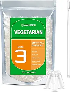wananfu Size 3 Empty Capsules Vegetarian (100 Count) Bundle with 2 Micro Lab Spoons, Clear Fillable Veggie Pill Capsules Size 3 for Making Your Own Supplements