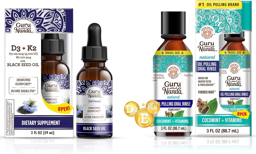 GuruNanda Μαύρο Έλαιο Σπέρματος 5000 IU Βιταμίνη D3, K2 & E + Λάδι καρύδας που τραβά με αιθέρια έλαια Βιταμίνη D3, E, K2 για ανοσοποιητική υποστήριξη, στοματική υγιεινή