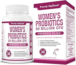Purely Optimal Women’s Probiotics 60 Billion CFU – Supports Digestive & Vaginal Health, Odor Control, pH Balance – with Prebiotics & Cranberry – Shelf-Stable Probiotics for Women, 30 Capsules