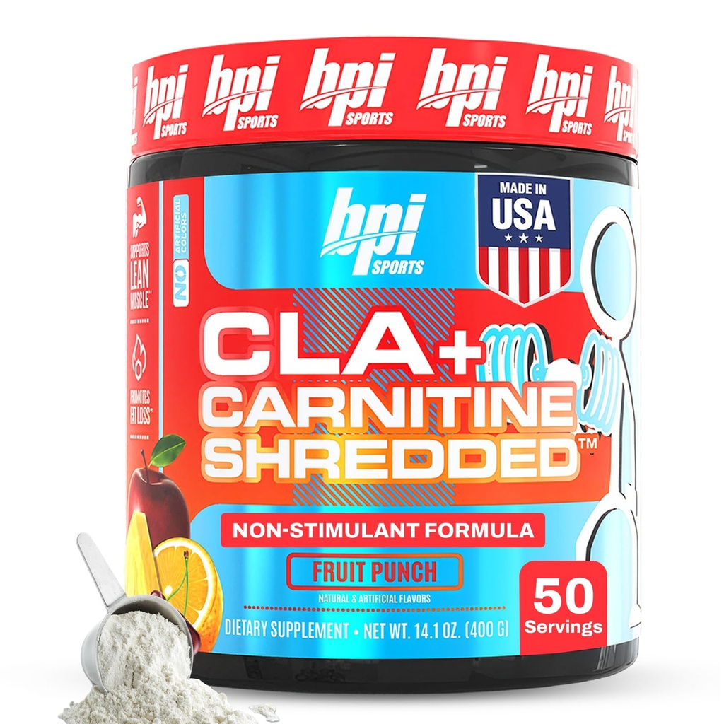 BPI Sports CLA + Carnitine Shredded - Convert Fat Cells Into Energy and Supports Lean Muscle, Boost Metabolism - Non-Stimulant L-Carnitine Supplement - Fruit Punch (14.1 oz. / 50 Servings)