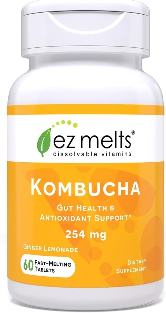 EZ Melts Διαλυτά δισκία χωρίς ζάχαρη Kombucha με SCOBY & Apple Cider Ξίδι, Συμπληρώματα Υγείας Εντέρου για Άνδρες & Γυναίκες, Ginger Λεμονάδα Γεύση, 2-Month Supply - 1 Pack