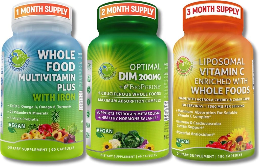 ΣΥΜΠΛΗΡΩΜΑΤΑ STUDIO Hormone Balance Support & Immune Defense Bundle for Men & Women - Βέλτιστη DIM 200mg + Ολόκληρη βιταμίνη τροφίμων με σίδηρο + λιποσωμική βιταμίνη C 1500mg – Vegan, Μη ΓΤΟ