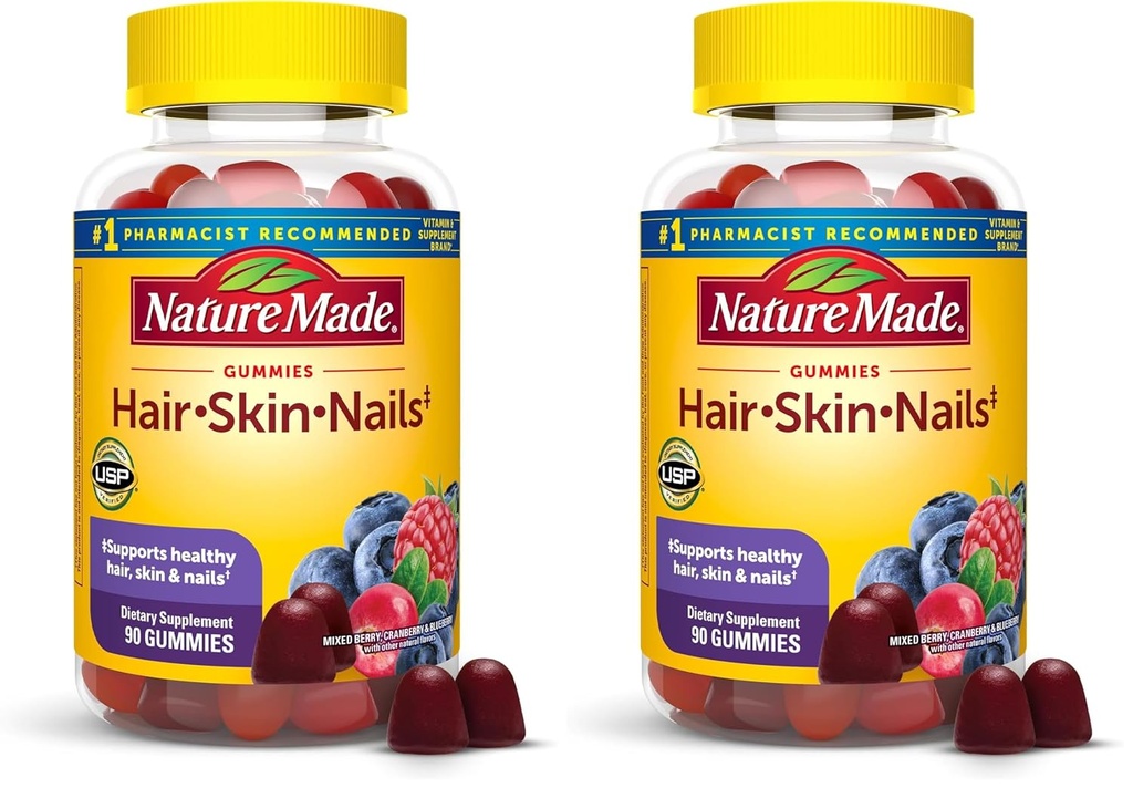 Nature Made Hair Skin and Nails with Biotin 2500 mcg, Συμπλήρωμα διατροφής για υγιή μαλλιά, δέρμα & νύχια Υποστήριξη, 90 Gummies, 45 ημέρα προσφοράς (πακέτο του 2)
