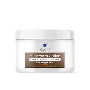 Dr. Emil Mushroom Coffee for Focus & Energy - Στιγμιαίος καφές με Lions Mane, Chaga & Cordyceps - Delicious Caramel Flavor & Potent Mushroom Powder Blend