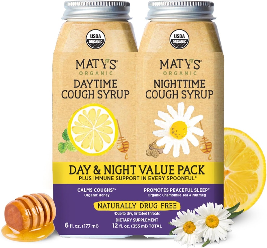 Matys Organic Adult Cyrup Day & Night Value Pack για Ενήλικες & Παιδιά 12 Χρόνια + Up, Καταπραϋντική Μέρα & Νύχτα Cough Relief w/Organic Μέλι & Ψευδάργυρος, Αλκοόλ & Χωρίς Ναρκωτικά, 2 Συσκευασία, 6 Fl Oz Κάθε μία