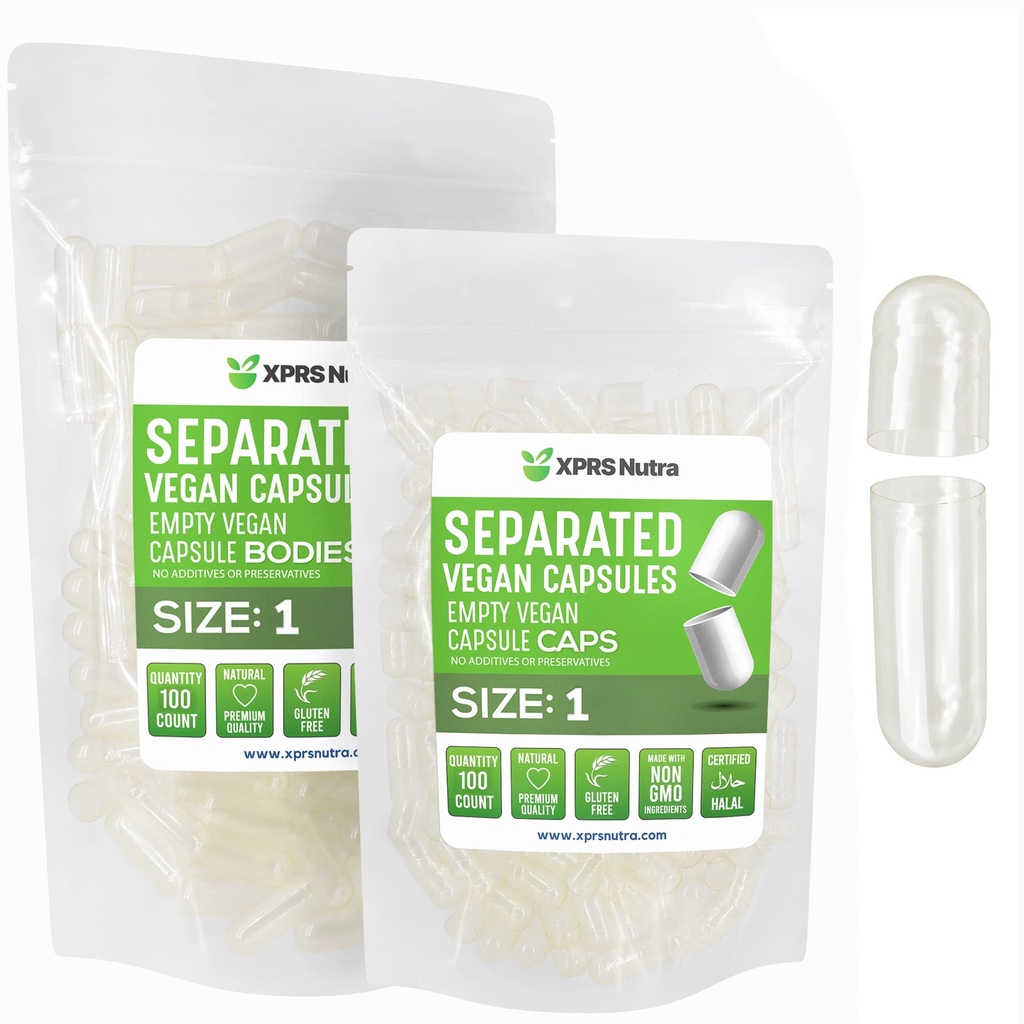 XPRS Nutra Vegan Μέγεθος 1 Χωριστές κάψουλες - 100 μετρητής Καθαρισμός Premium Άδειες κάψουλες χωρίζονται σε τσάντες - Χάπια 1 Κενό για συμπλήρωμα DIY πλήρωσης