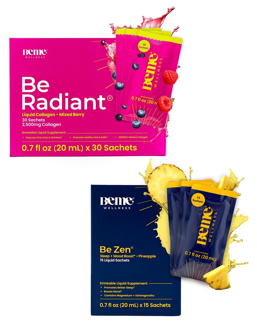 BeMe BeRadiant Berry & BeZen Bundle - Υγρό Κολλαγόνο & Μαγνήσιο Γλυκινικό L-Θεανίνη Συμπληρώματα
