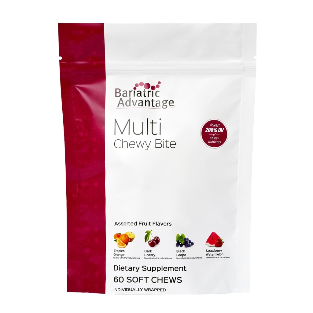 Μπαριατρικό Πλεονέκτημα Multi Chewy Bite - Μαλακό Μασά Πολυβιταμίνη για Βαριατρική Χειρουργική Ασθενείς - Μασώμενη Πολυβιταμίνη με Φολικό Οξύ, Βιταμίνη D3 & More - Ποικιλόμορφη Γεύση Φρούτων - 60 Count
