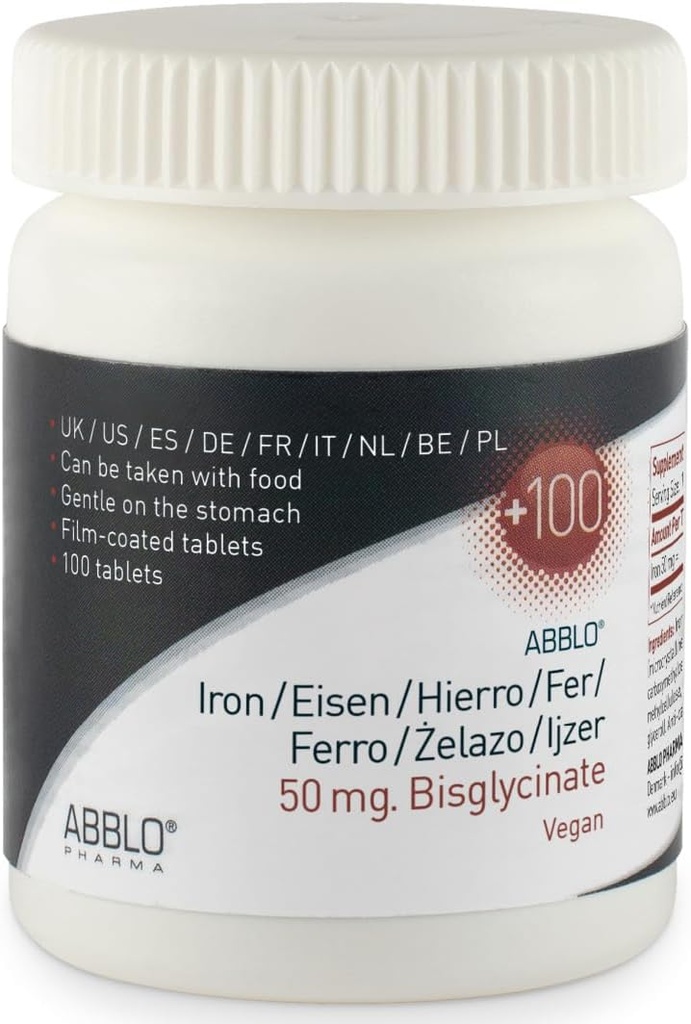 50mg. Σίδηρος BISGLYCINATE (100 Μονάδες) Το ABBLO είναι απαλό στο στομάχι και μπορεί να ληφθεί με τρόφιμα.