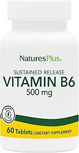 NaturesPlus Βιταμίνη Β6 (Pyridoxine HCI), Παρατεταμένη απελευθέρωση - 500 mg, 60 χορτοφαγικά δισκία - Ενέργεια & Αναμνηστικό Μεταβολισμού, Μνήμη, Mood, Συμπλήρωμα Ανοσοποιητικής Υποστήριξης - Χωρίς Γλουτένη - 60 Σερβιέτες