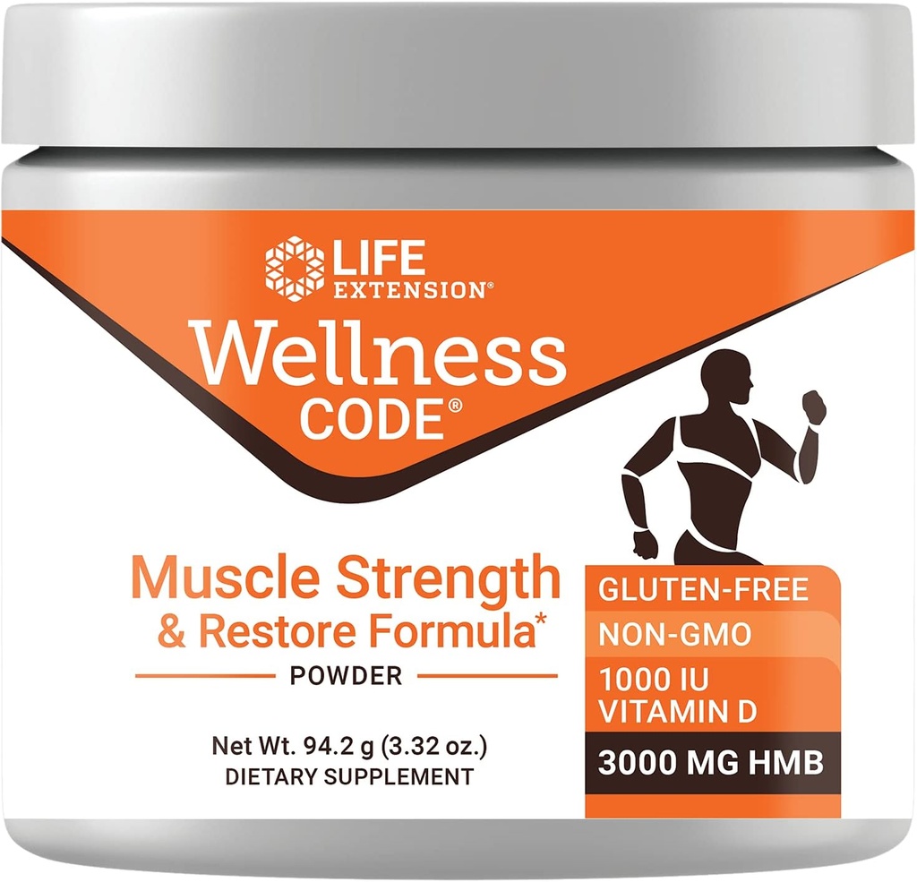Life Extension Wellness Code® Muscle Strength & Restore Formula, Vitamin D3, ß-Hydroxy-ß-Methylbutyrate Monohydrate (HMB), Muscle Health, Gluten Free, Non-GMO, 94.2 g