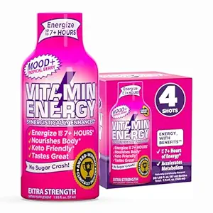 Vitamin Energy Mood+ Extra Strength Energy Shot Tropical Berry 4 Pack, 260mg Natural Caffeine, B-Vitamins, Rhodiola, Χαμομήλι, Mood & Energy Support, Zero Sugar, Gluten-free, Vegan, 1.93 fl oz