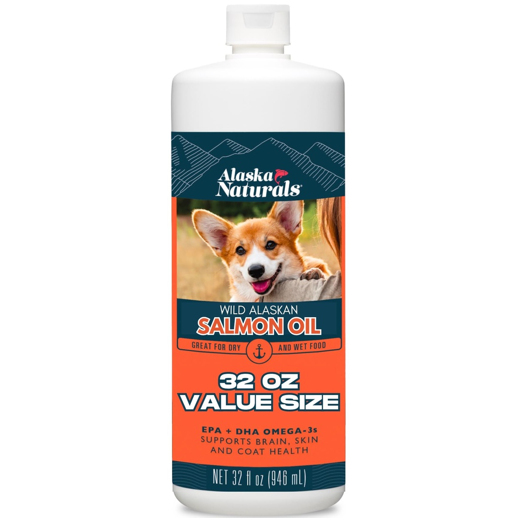Alaska Naturals Wild Alaskan Salmon Fish Oil Supplement for Dogs Skin and Coat with EPA DHA Omega 3 Fatty Acids Liquid Food Topper 32 oz.