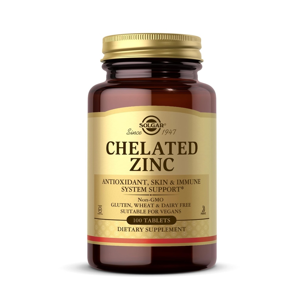 Solgar Chelated Zinc, 100 Tablets - Ψευδάργυρος για υγιές δέρμα - Υποστηρίζει την ανάπτυξη κυττάρων & DNA Σχηματισμός - Exerts Αντιοξειδωτική Δραστηριότητα - Υποστηρίζει ένα υγιές ανοσοποιητικό σύστημα - Μη ΓΤΟ, Χωρίς γλουτένη - 100 Υπηρεσίες
