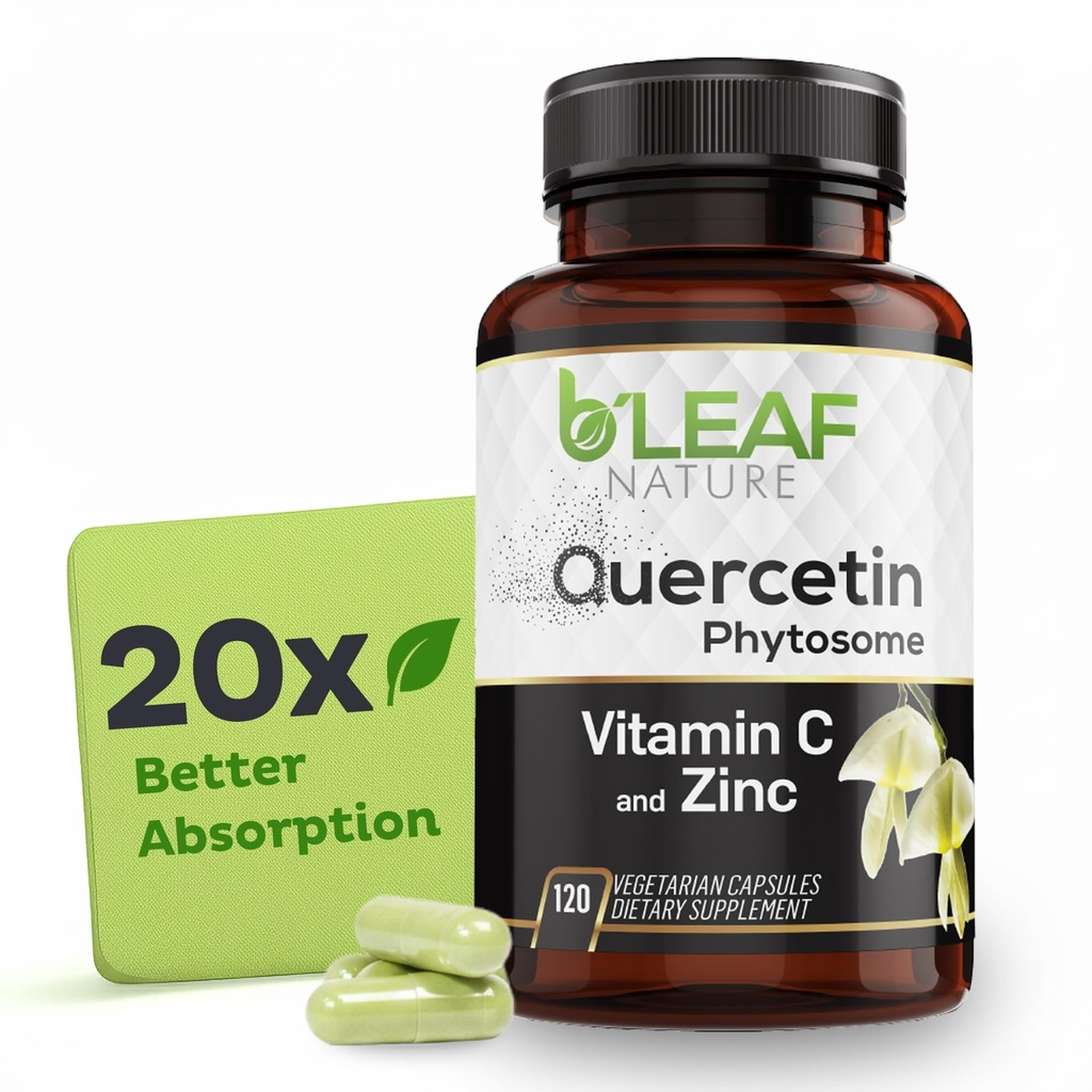 B'LEAF NATURE Quercetin Phytosome, 120 κάψουλες – 1000mg Quercetin υψηλής απορρόφησης με βιταμίνη C και ψευδάργυρο – Μη ΓΤΟ συμπλήρωμα χορτοφαγικής Quercetin για ανοσοποιητική, ενέργεια, εγκέφαλο και εποχιακή υποστήριξη