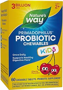 Nature's Way Primadophilus Probiotic Chewables for Kids, Supports Healthy Digestive Flora*, for Kids Ηλικίες 2+, 3 Billion CFU, 60 Cherry Flavored Chewables (Packaging May Vary)