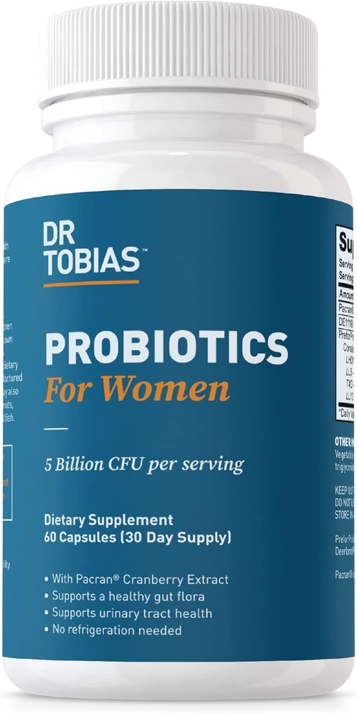 Dr. Tobias Probiotics for Women, 5 Billion CFUs Plus Prebiotics & Cranberry Extract for Urinary Tract Health for Women, Supports Digestive & Immune Health, 60 Capsules, 30 Servings