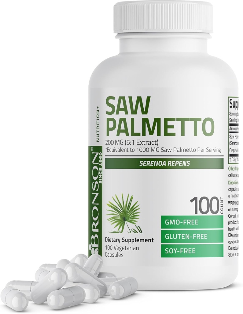 Bronson Saw Palmetto επιπλέον δύναμη υποστηρίζει υγιή λειτουργία του προστάτη & ουρική υποστήριξη υγείας - μη ΓΤΟ, 100 κάψουλες χορτοφάγων