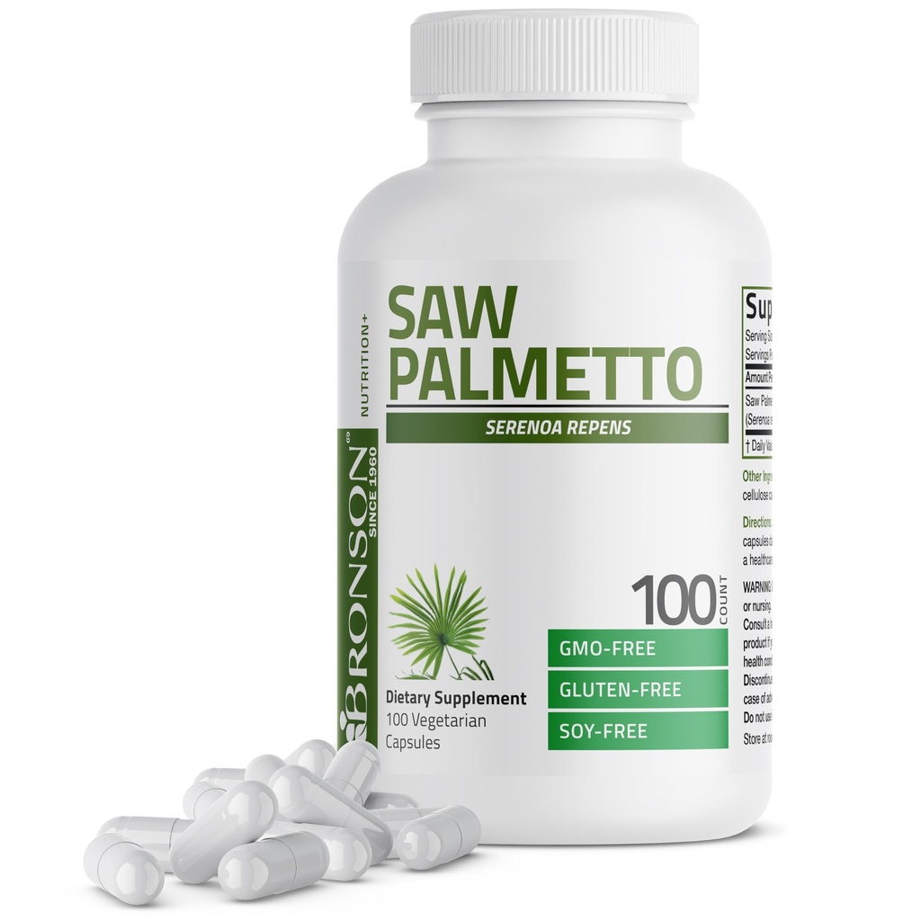 Bronson Saw Palmetto επιπλέον δύναμη υποστηρίζει υγιή λειτουργία του προστάτη & ουρική υποστήριξη υγείας - μη ΓΤΟ, 100 κάψουλες χορτοφάγων